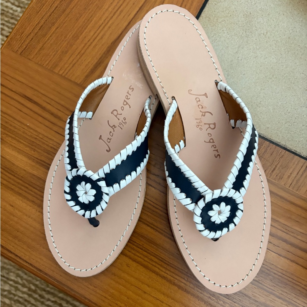 Jack Rogers Midnight and White Sandals with Sunburst Design